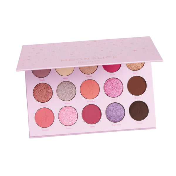 Paleta de sombras Moonslice Beauty Celestial Crush abierta con 15 tonos rosados sobre fondo blanco