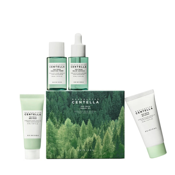 Skin1004 Madagascar Centella Tea-Trica Travel Kit 4 piezas con caja fondo blanco