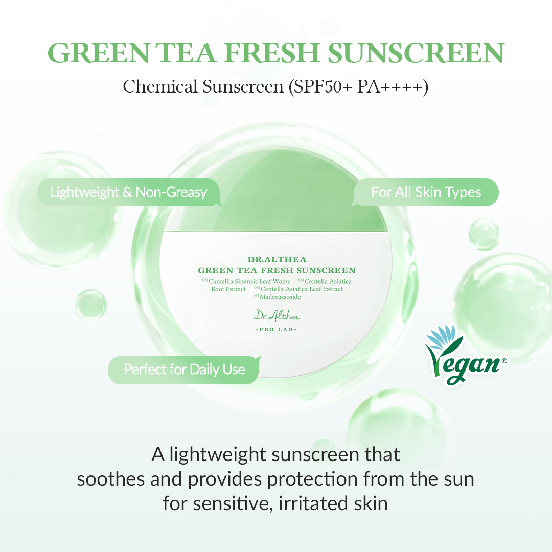 Dr. Althea Green Tea Sunscreen textura acuosa — absorción instantánea sin residuo blanco