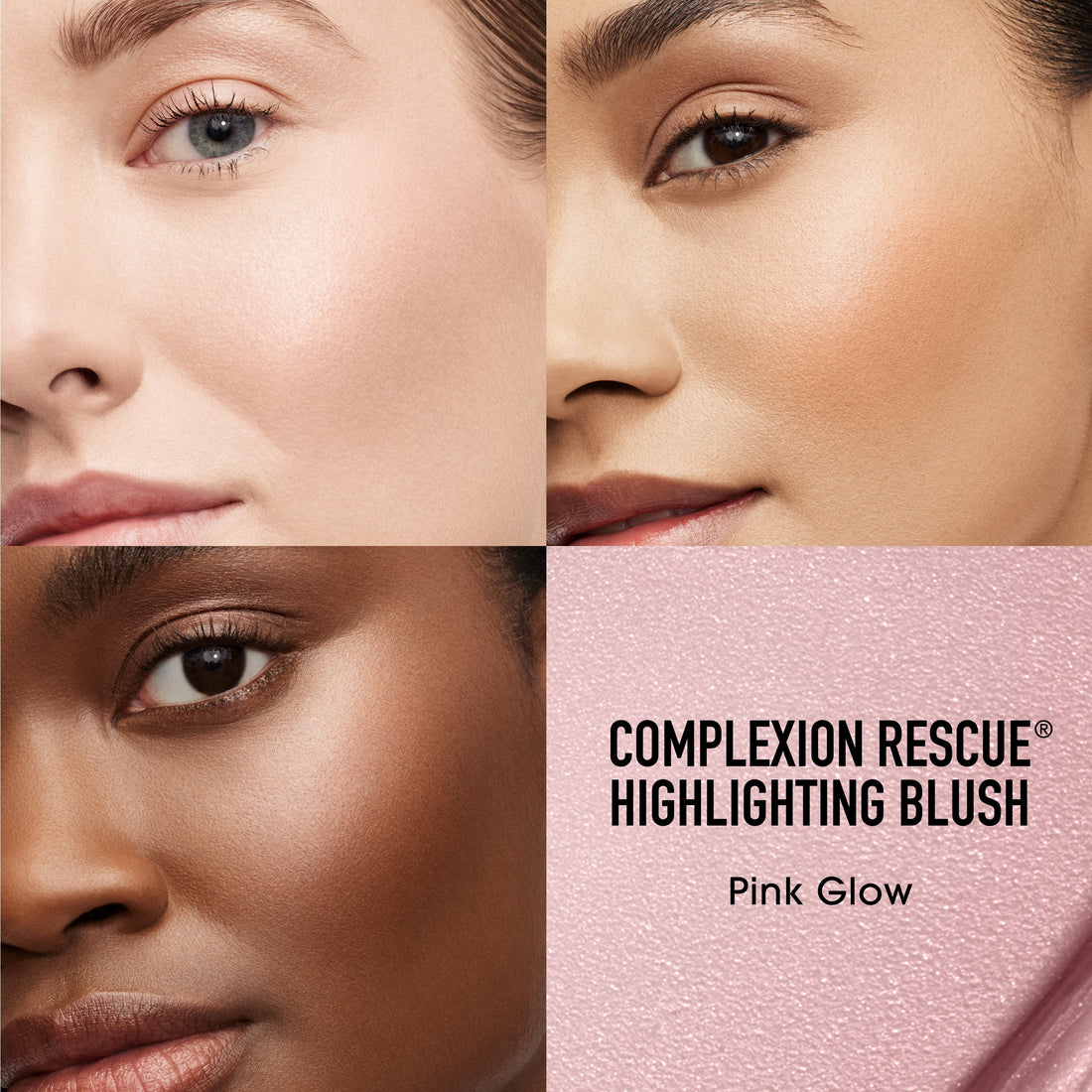 Rubor bareMinerals Complexion Rescue Pink Glow aplicado en tres tonos de piel con acabado luminoso