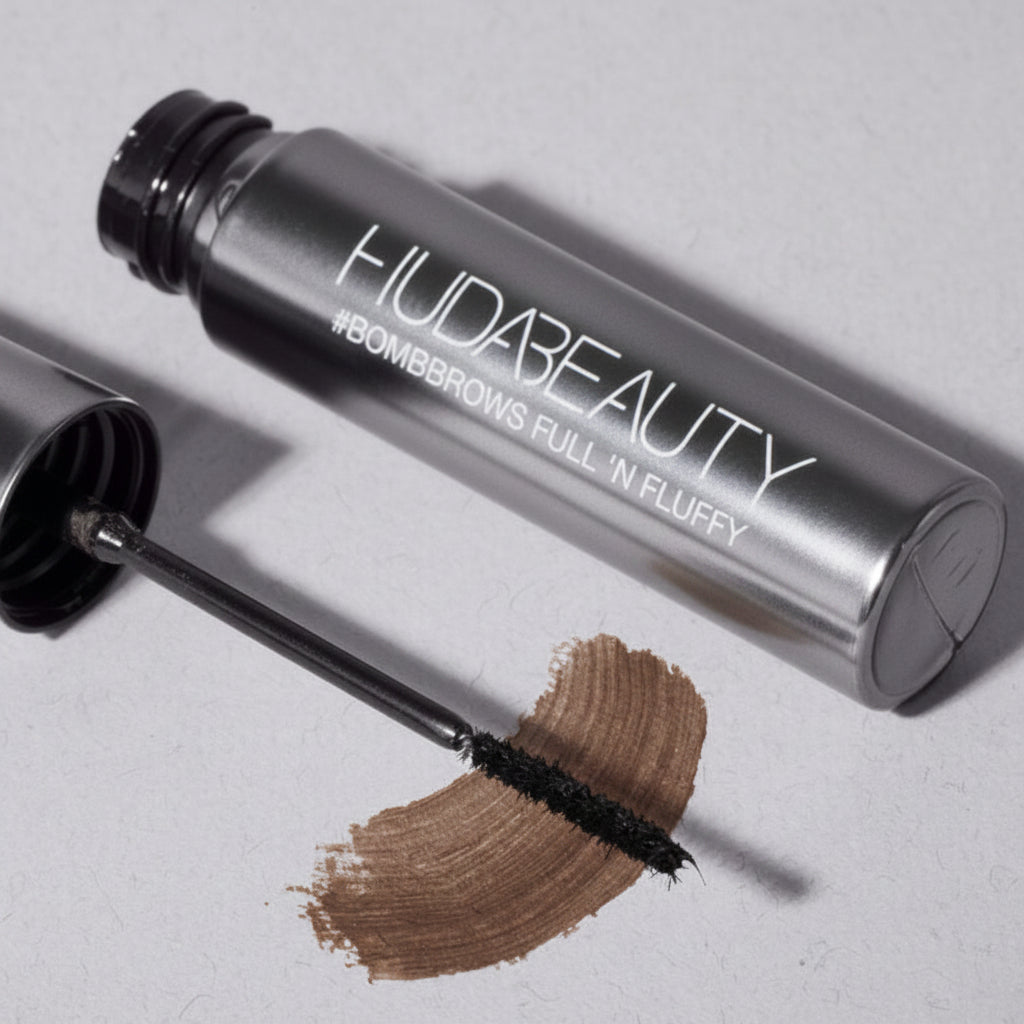 Huda Beauty BombBrows Fiber Gel - espoolie de precision y tubo del producto