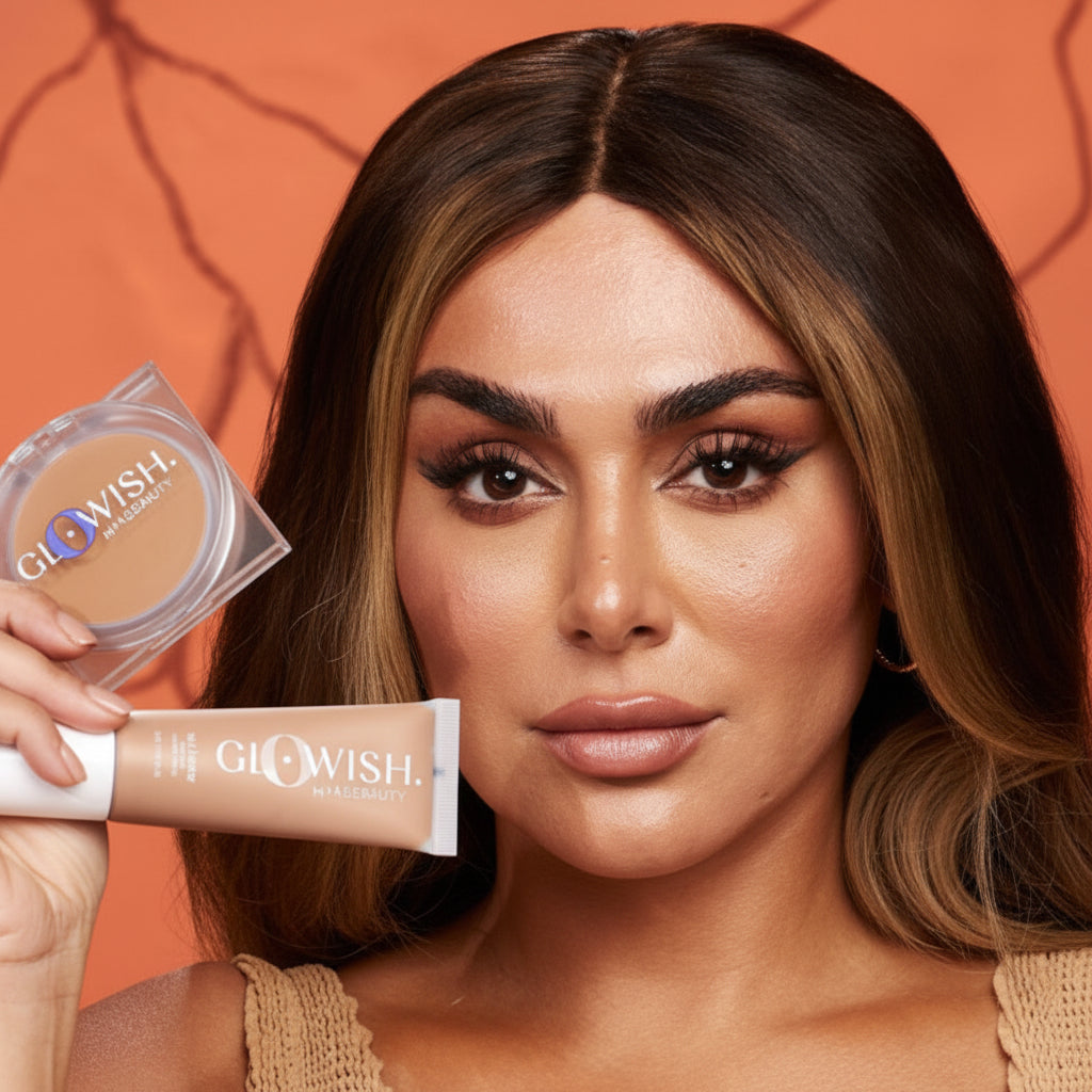 Huda Beauty GloWish Luminous Pressed Powder — lifestyle aplicacion resultado luminoso