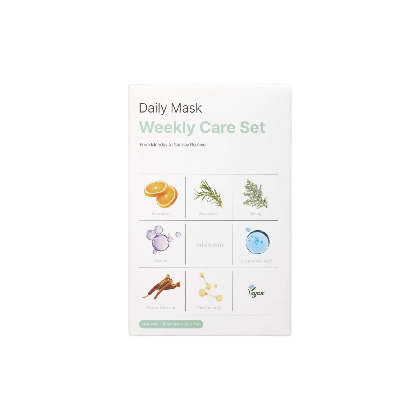 Mixsoon Daily Mask Weekly Care Set 7 mascarillas — set semanal coreano con fermentados de 72 horas