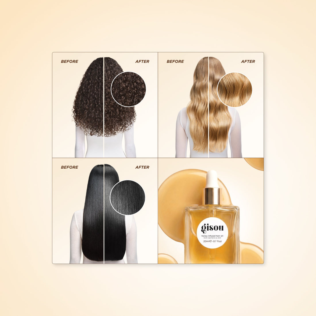 Gisou Honey Infused Hair Oil aplicación — de mediolargas a puntas, brillo instantáneo