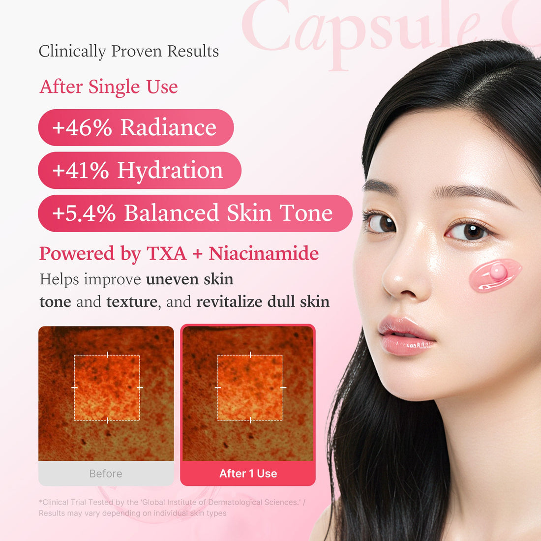 Medicube TXA Niacinamide Capsule Cream - resultado luminosidad y tono unificado antes y despues
