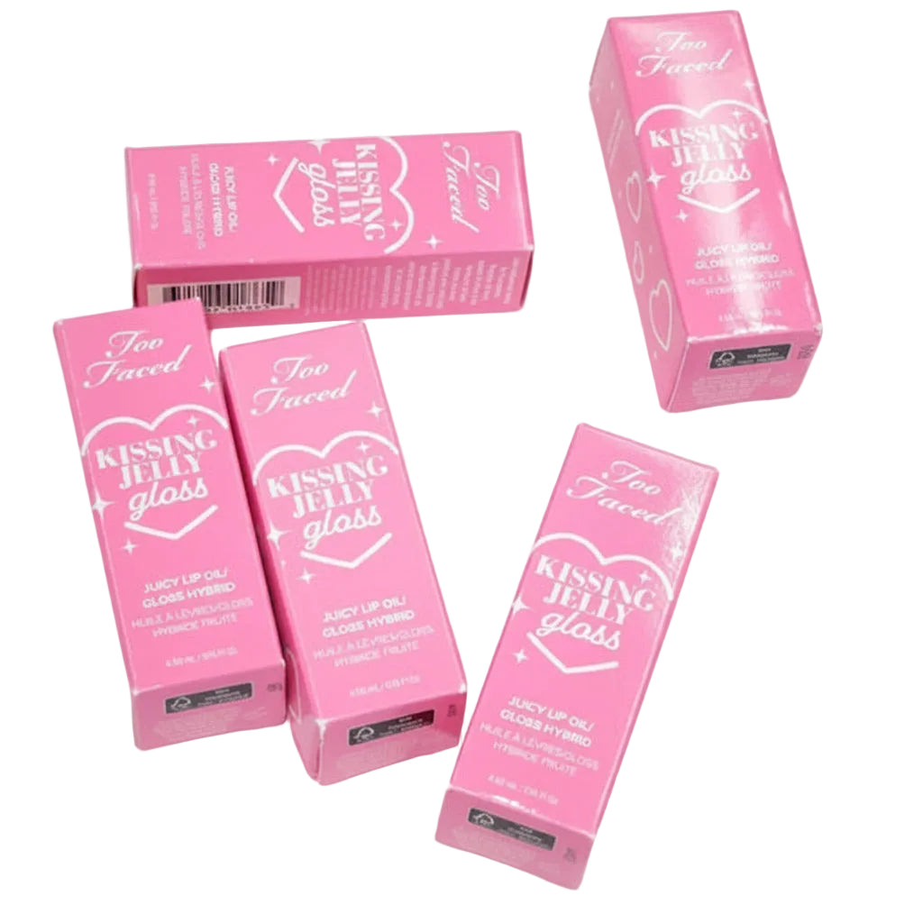 Too Faced Kissing Jelly Lip Oil Gloss - coleccion completa producto y packaging