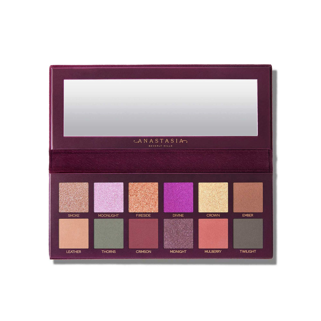 Anastasia Beverly Hills Fall Romance paleta de sombras con espejo y nombres de los 12 tonos — Glowup Makeup