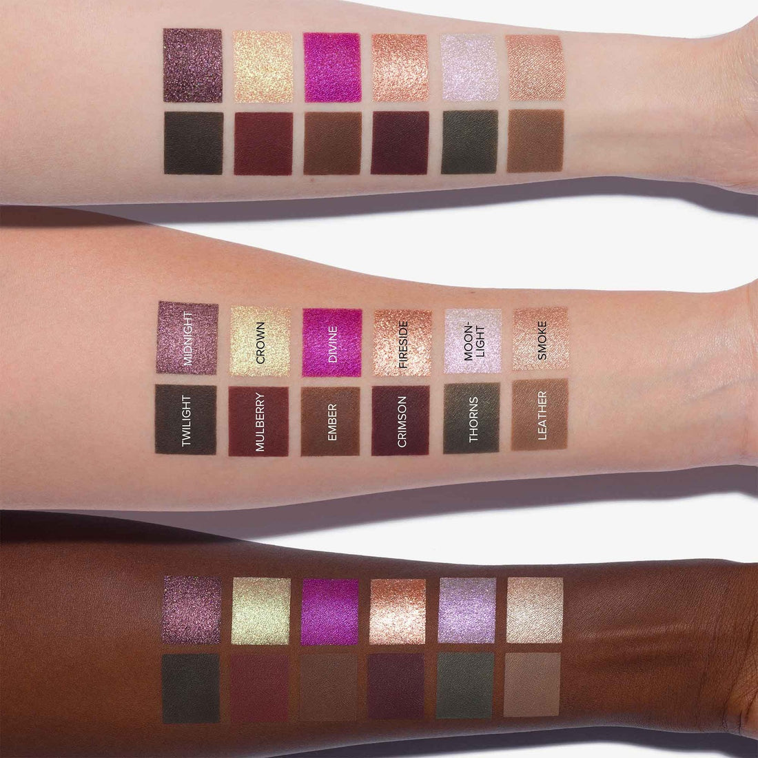 Swatches de la paleta Fall Romance de Anastasia Beverly Hills sobre tres tonos de piel — Glowup Makeup