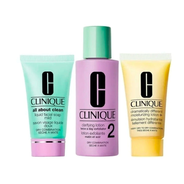Clinique 3 Pasos Tipo 2 set piel seca mixta limpiador tónico hidratante packaging