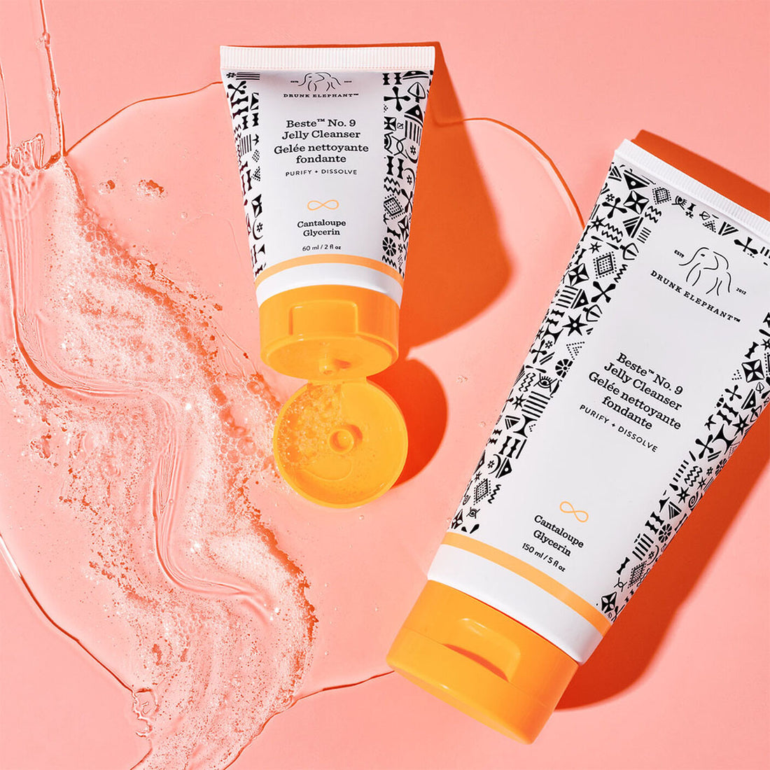 Drunk Elephant Beste No. 9 Jelly Cleanser en tamaños 150ml y 60ml con su textura en jalea