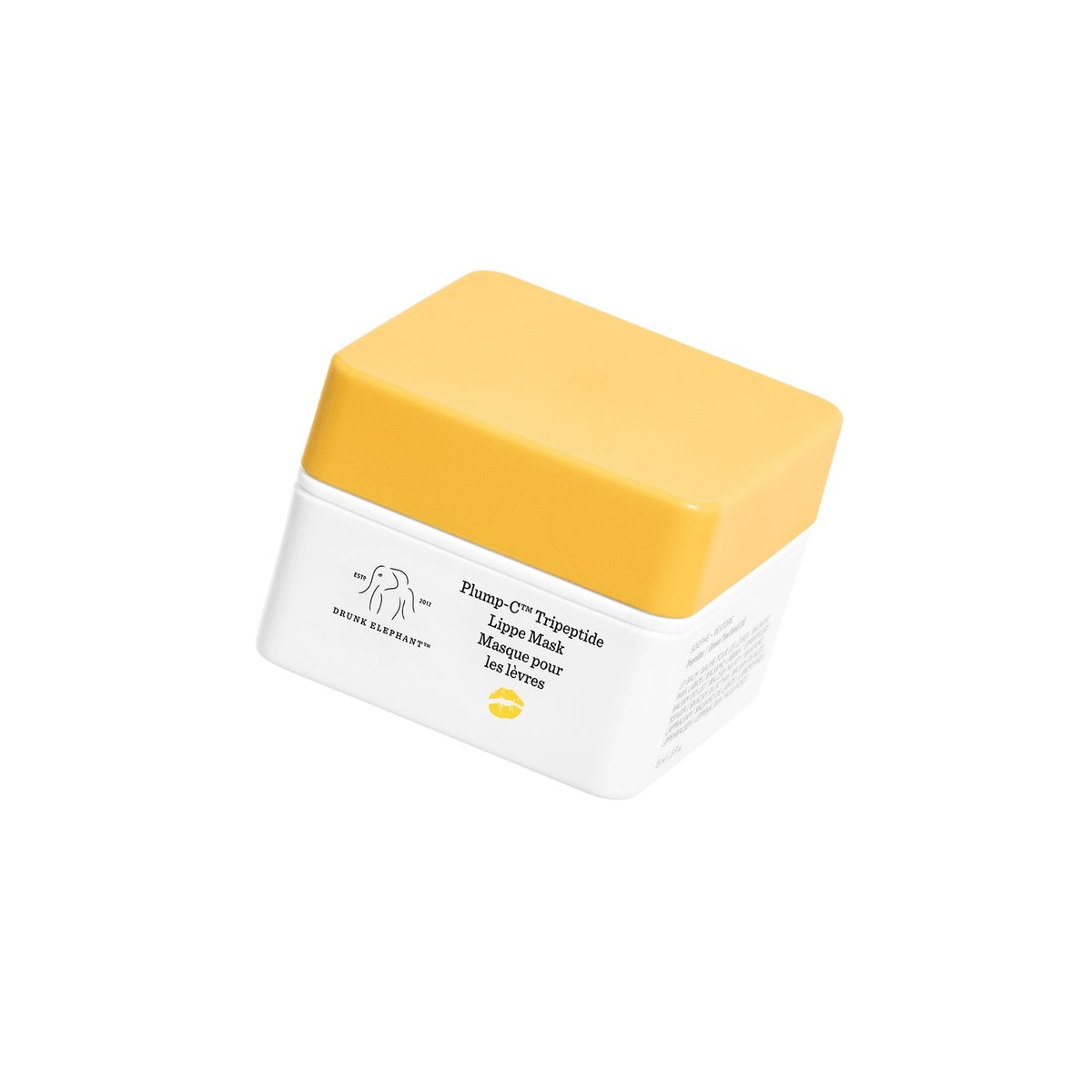 Drunk Elephant Plump-C Tripeptide Lippe Mask 20 g, pote blanco con tapa amarilla sobre fondo blanco
