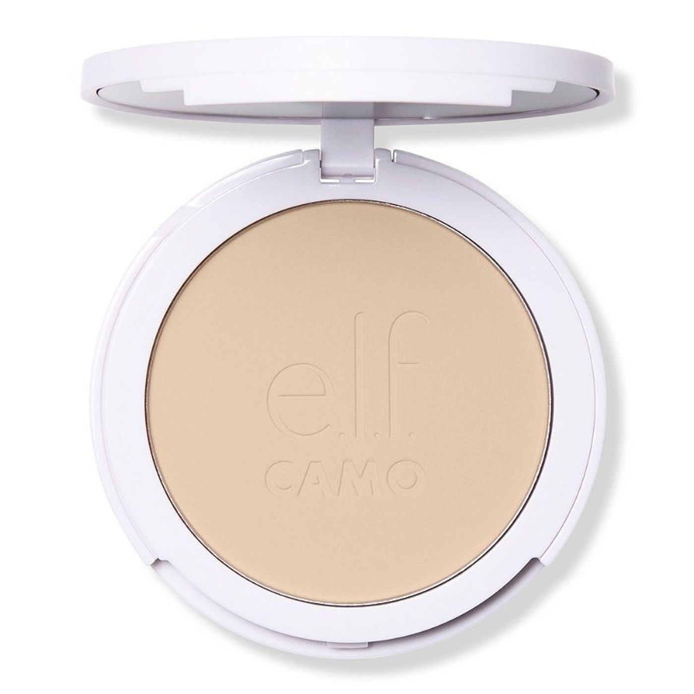e.l.f. Camo Powder Foundation tono 140W compacto abierto con el polvo sobre fondo blanco