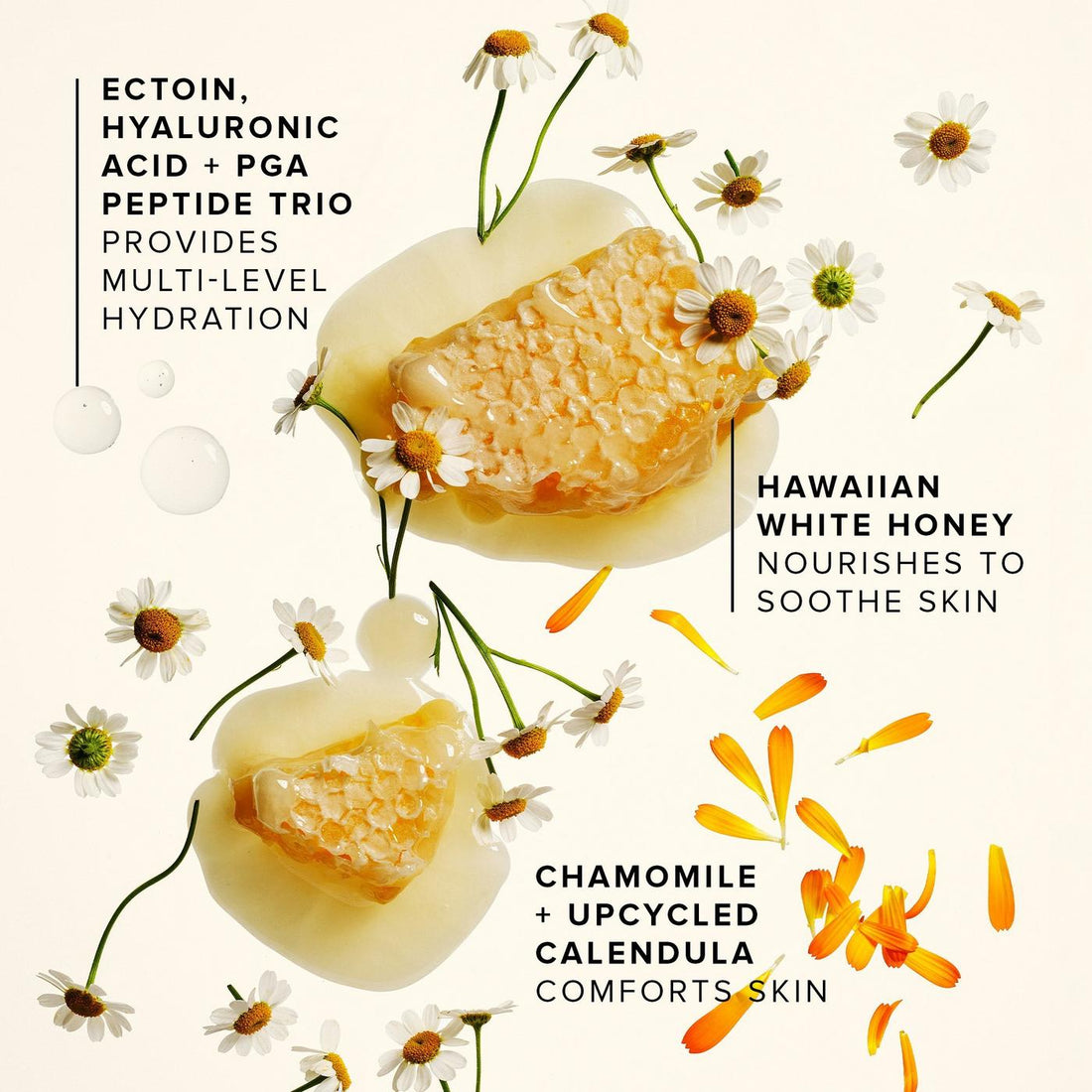 Ingredientes del Farmacy Honey Cloud: miel blanca hawaiana, ectoína, ácido hialurónico, PGA péptido, manzanilla y caléndula