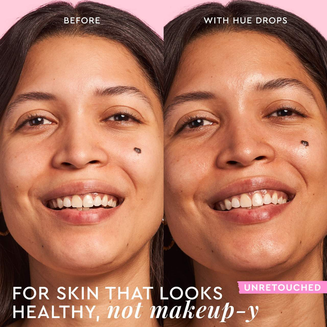 Antes y después del Glow Recipe Hue Drops Sun Glow: piel con glow saludable, no maquillada