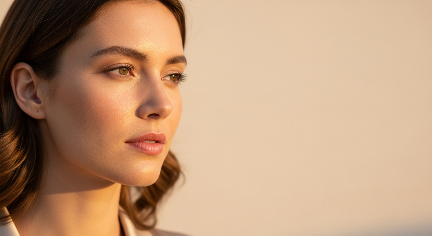 Modelo con maquillaje sofisticado y luz dorada, hero banner Glowup Makeup Skincare