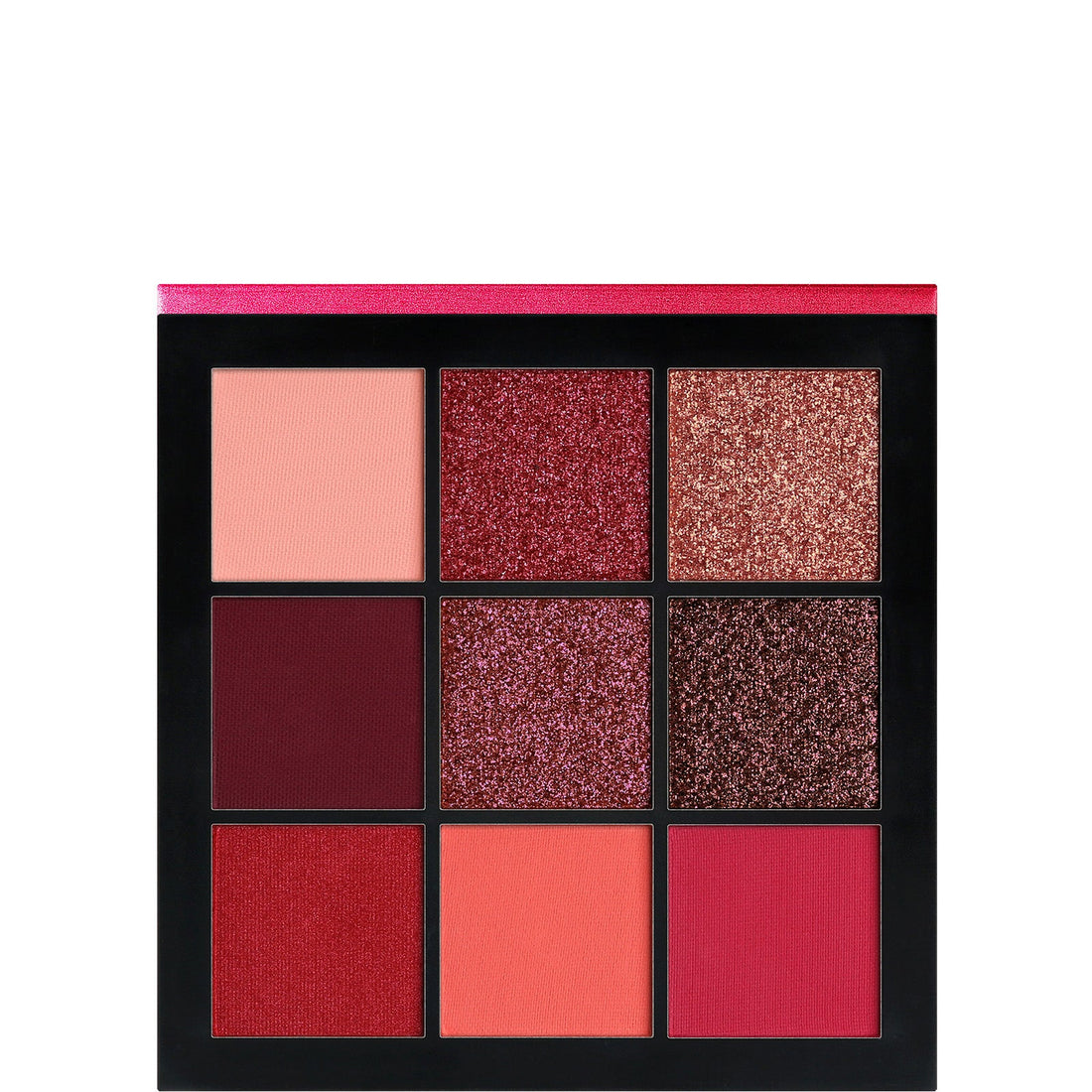 Huda Beauty Ruby Obsessions Palette abierta con 9 tonos rojos y frambuesa