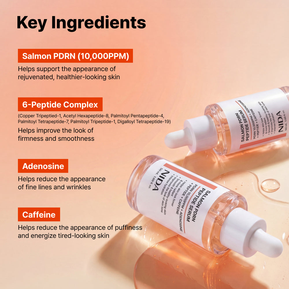 NIDA Salmon PDRN Peptide Serum ingredientes clave PDRN peptidos adenosina cafeina — Glowup Makeup