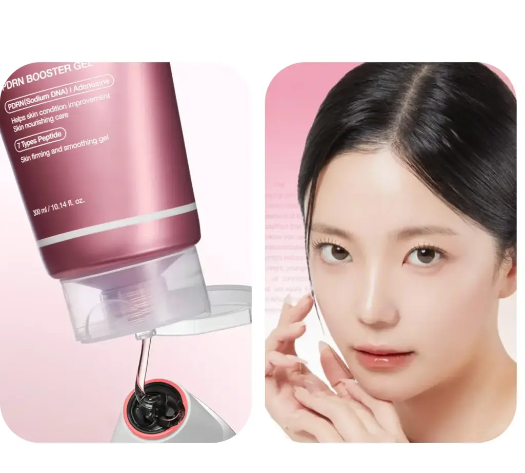 Medicube PDRN Booster Gel - detalle textura gel y piel luminosa hidratada