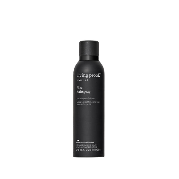 Living Proof Style Lab Flex Hairspray 246ml envase negro en aerosol sobre fondo blanco