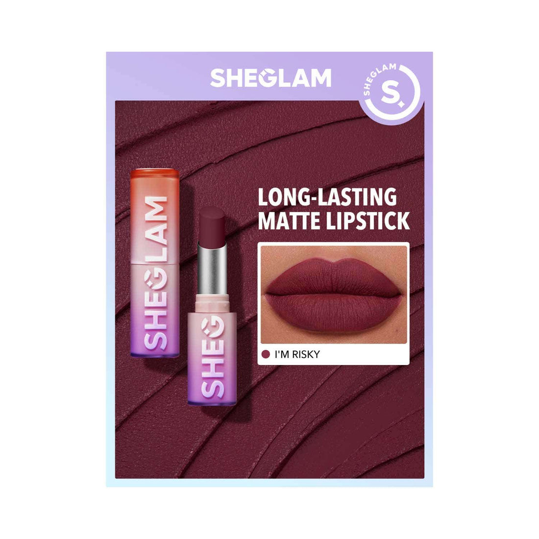 SHEGLAM Dynamatte Boom Labial Mate Im Risky — vista lateral con textura