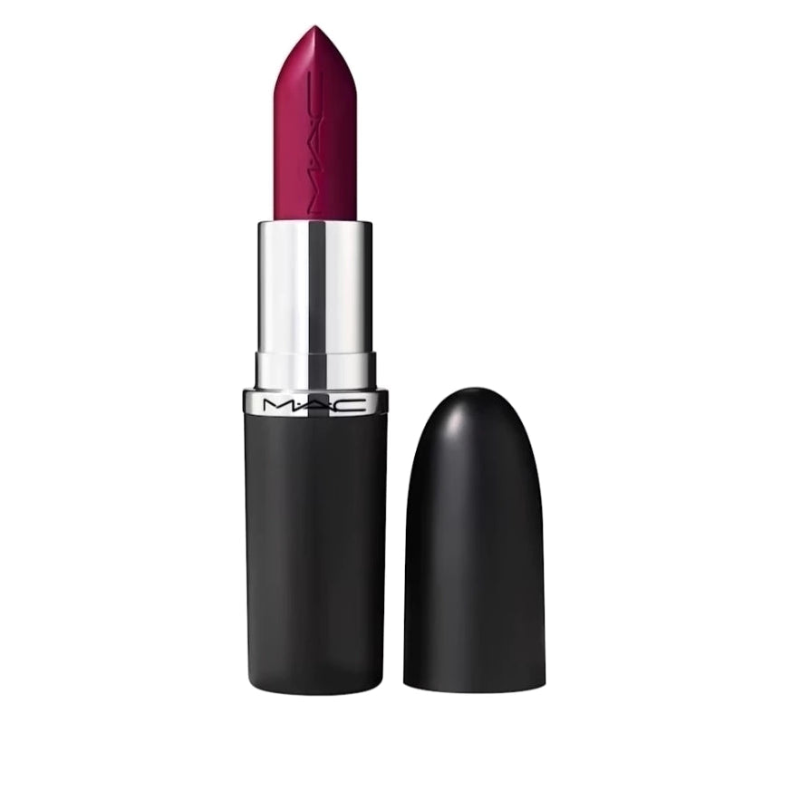 MAC Macximal Sleek Satin Lipstick Rebel plum icónico packaging frontal