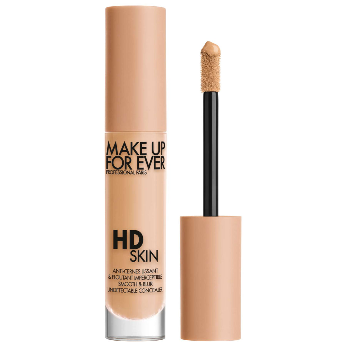 Make Up For Ever HD Skin Concealer tono 2.5 N Desierto con aplicador sobre fondo blanco