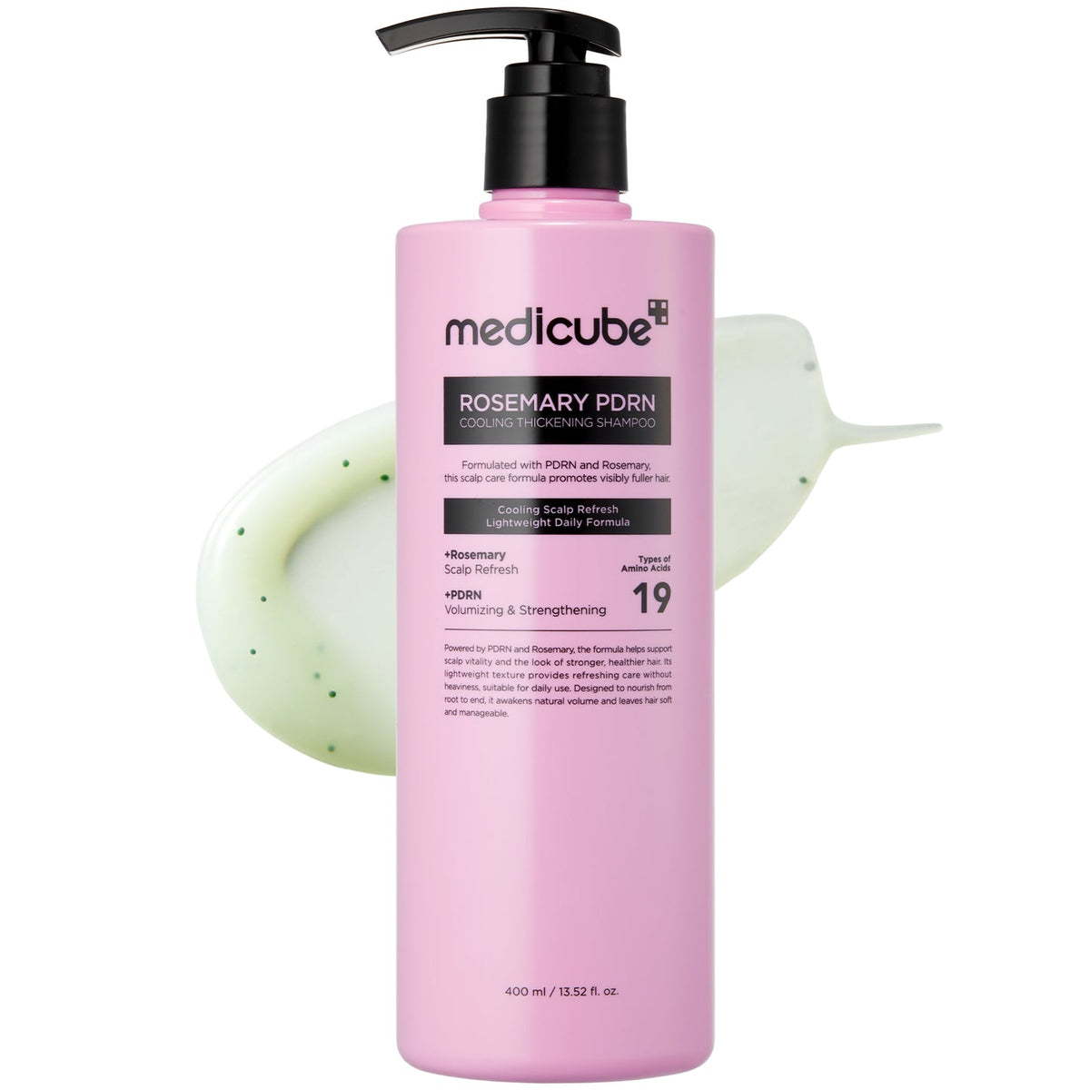 Medicube Rosemary PDRN Cooling Thickening Shampoo 400ml, envase rosa sobre fondo blanco