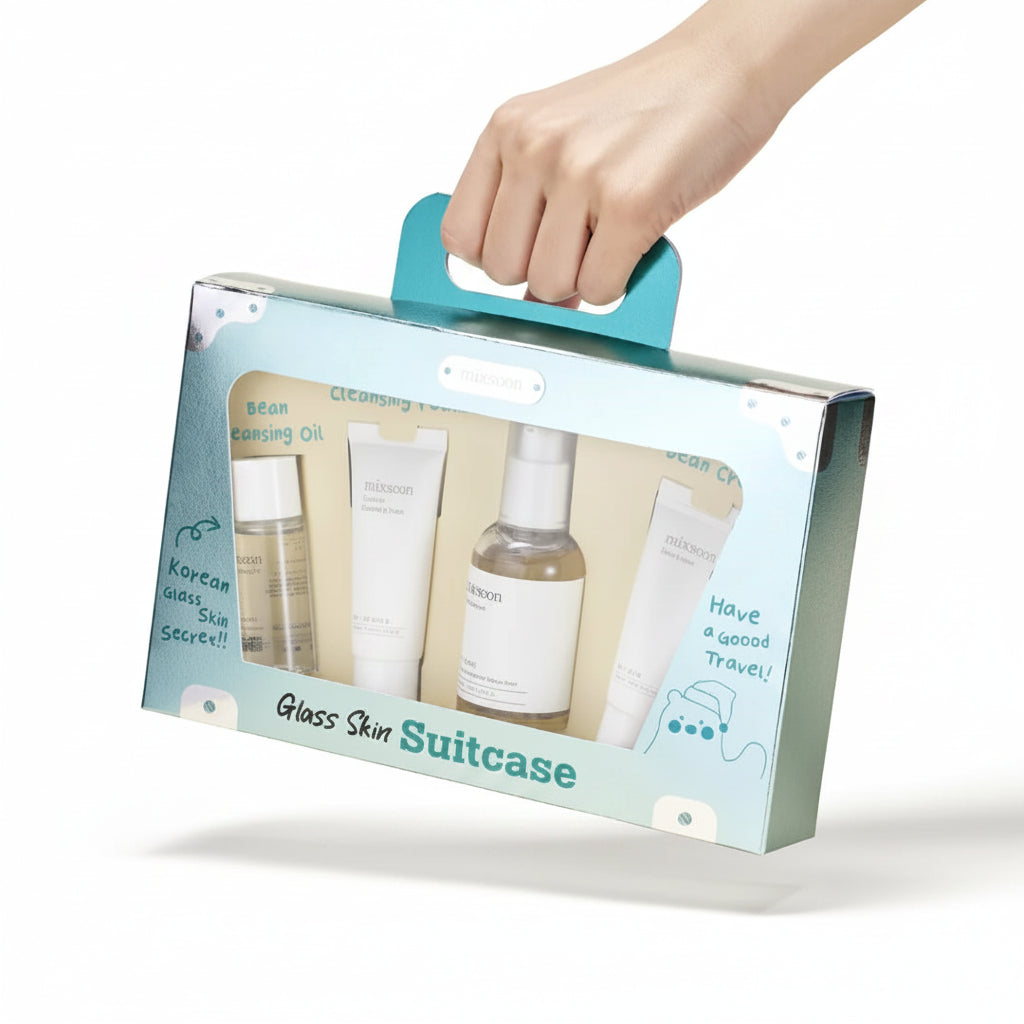 Mixsoon Glass Skin Suitcase kit completo — aceite limpiador, espuma, esencia y crema coreana