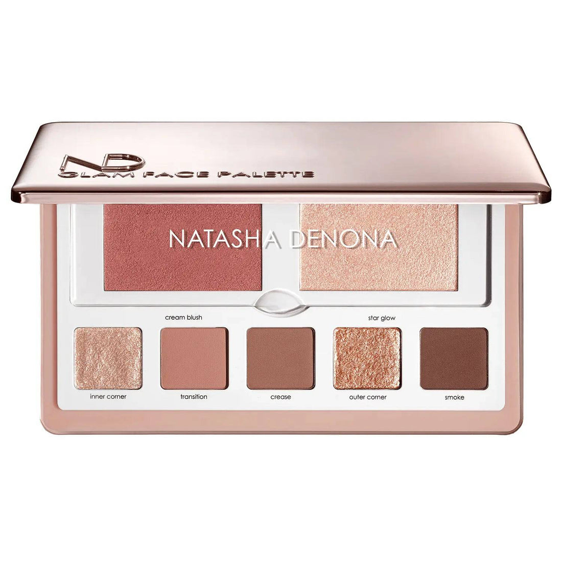 Natasha Denona Glam Face Palette Light abierta mostrando 5 sombras, cream blush e iluminador Star Glow