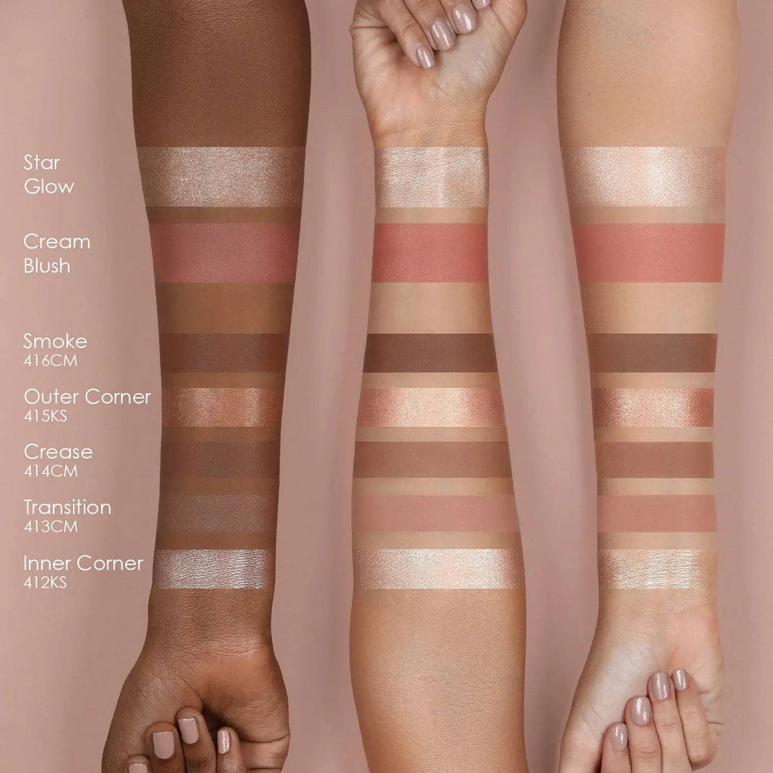 Swatches de la Natasha Denona Glam Face Palette Light en tres tonos de piel