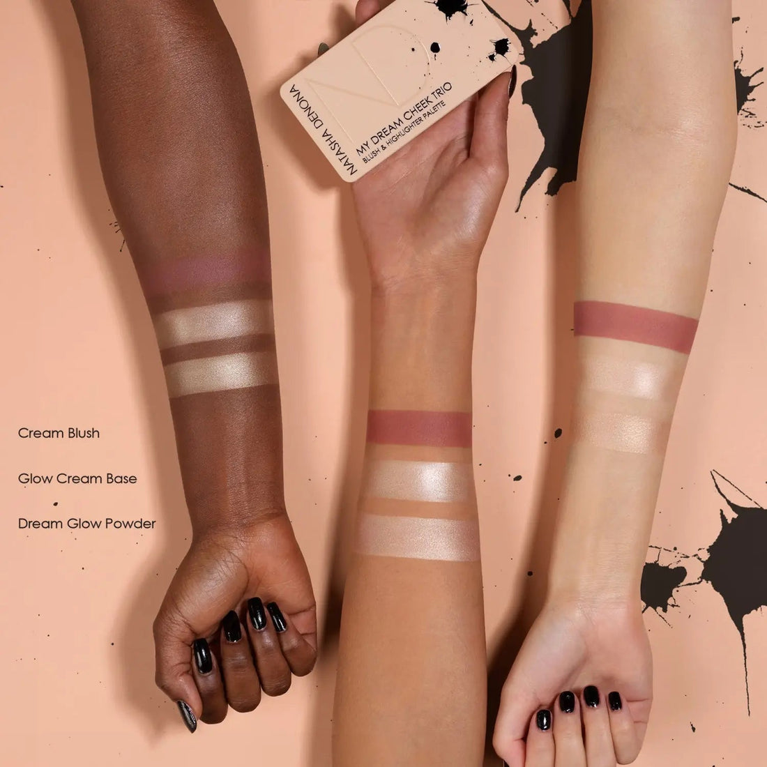 Natasha Denona My Dream Cheek Trio swatches en piel — pigmentacion de los tres tonos