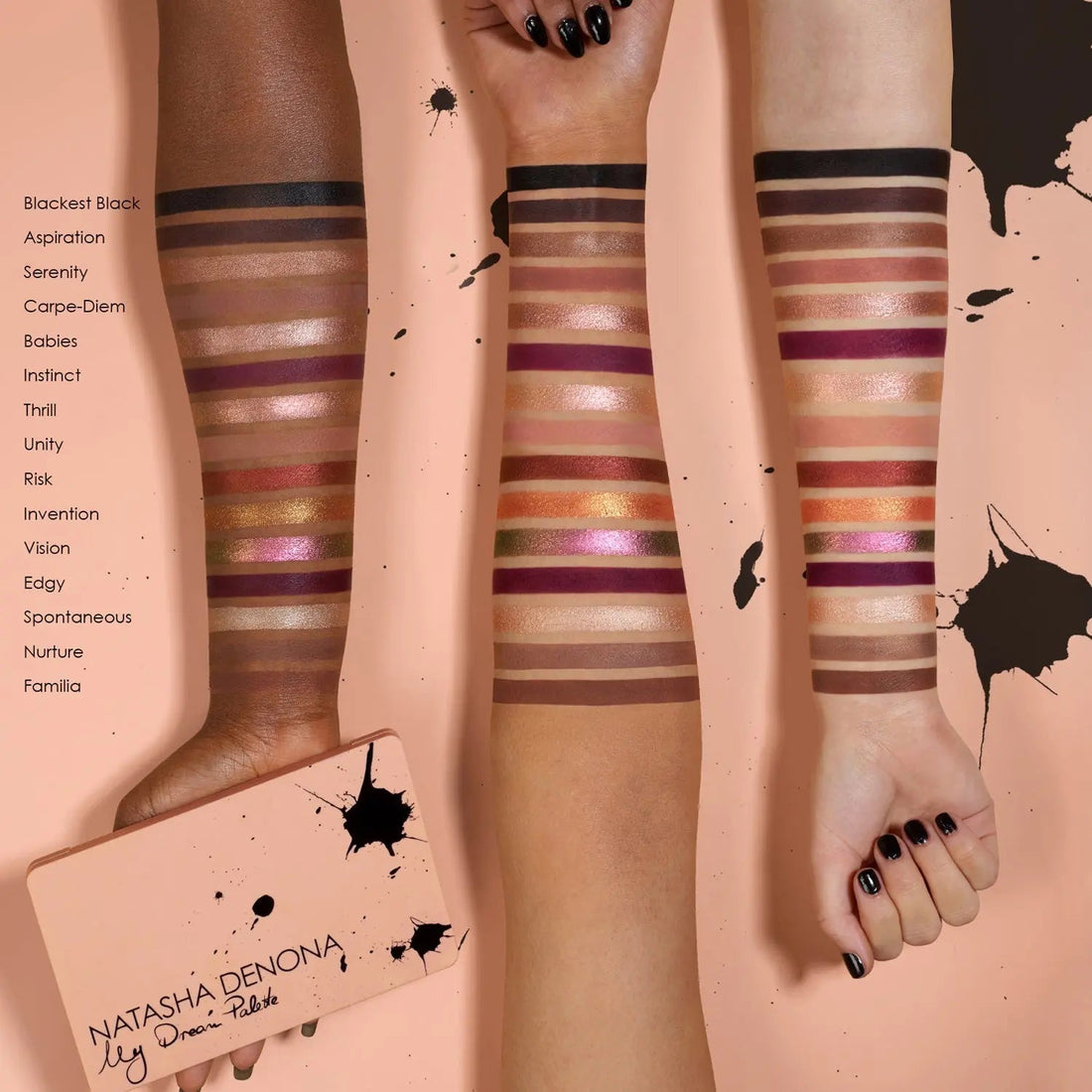 Natasha Denona My Dream Palette swatches en piel — pigmentacion de los 15 tonos