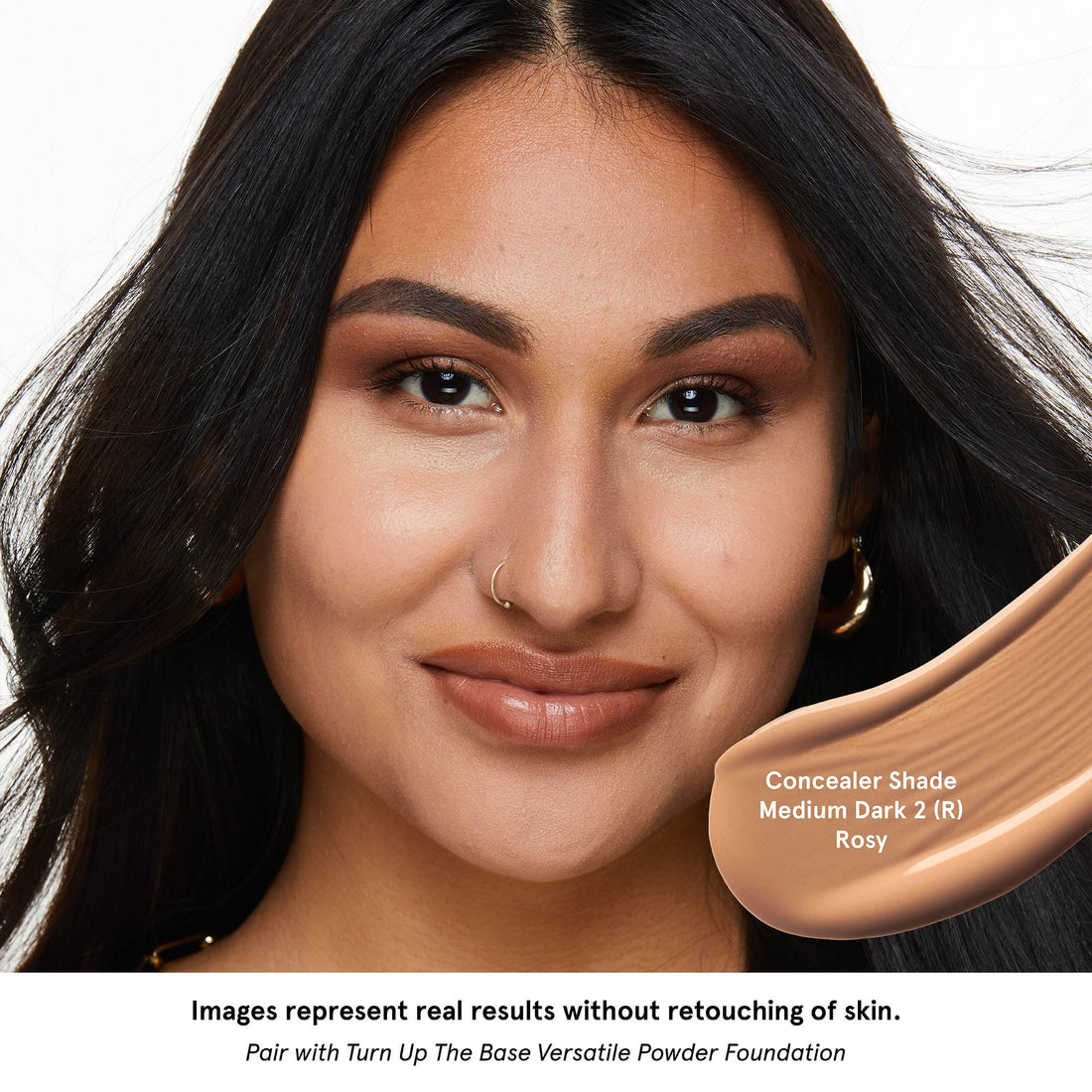 ONE/SIZE Butter Silk Concealer Medium Dark 2 aplicado en piel con swatch del tono