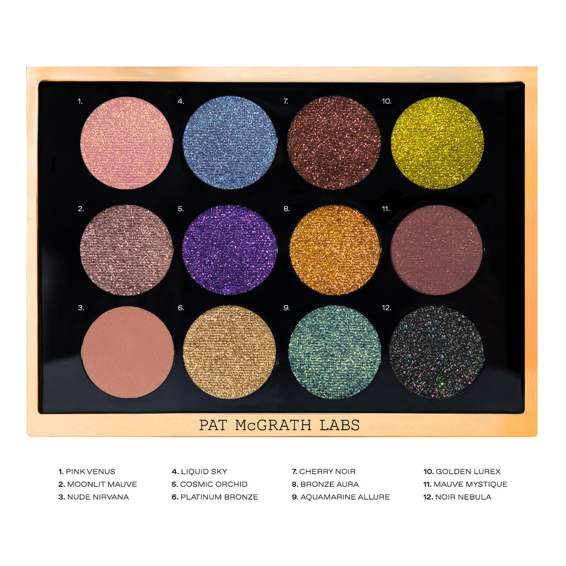 Los 12 tonos de la paleta Gilded Nirvana de Pat McGrath Labs con sus nombres — Glowup Makeup