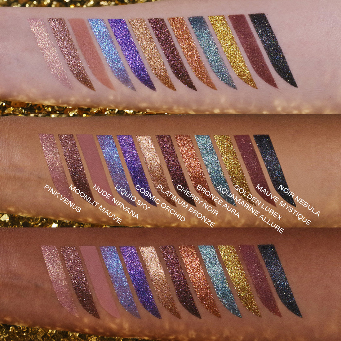 Swatches de los 12 tonos de Gilded Nirvana sobre distintos tonos de piel — Glowup Makeup