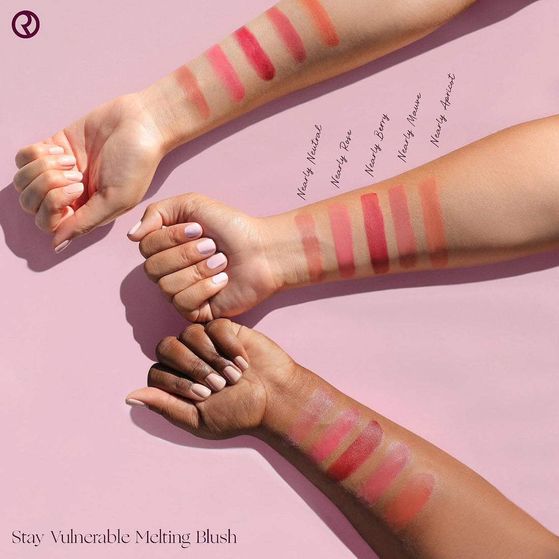 Guia de tonos Rare Beauty Stay Vulnerable Melting Blush en distintos tonos de piel