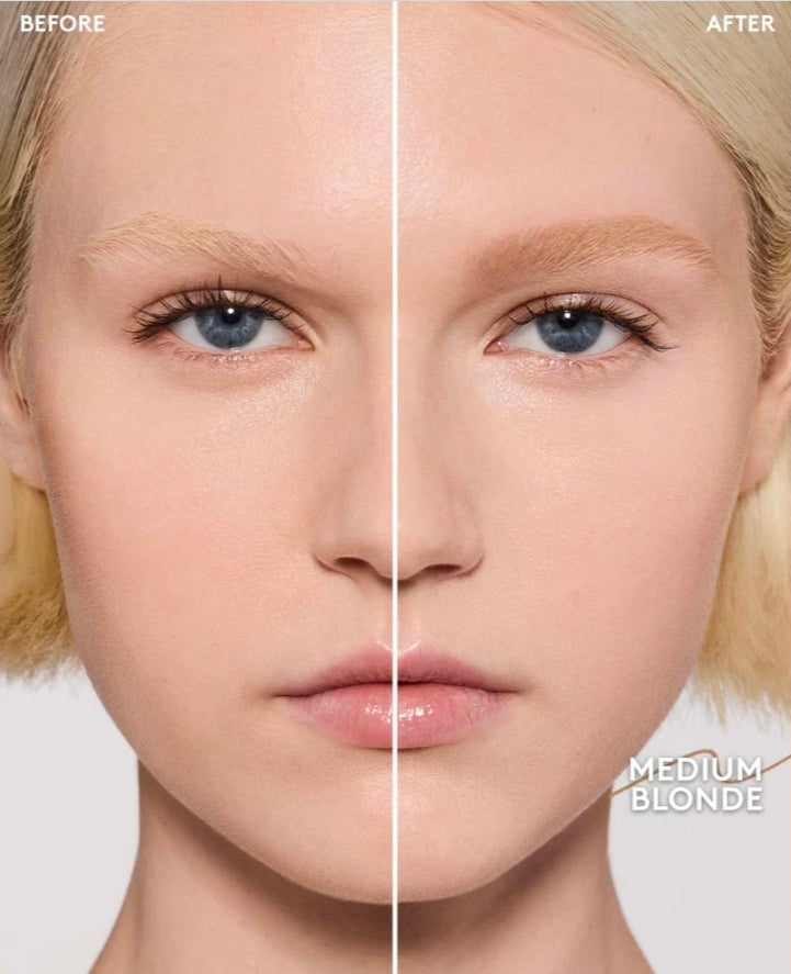 Antes y después del Fenty Beauty Brow MVP en tono Medium Blonde