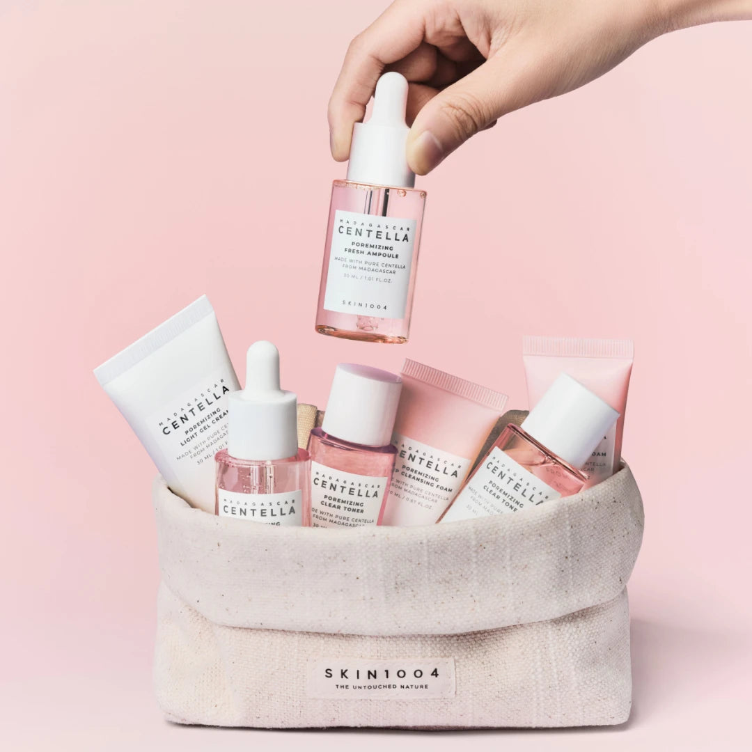 Contenido del kit SKIN1004 Poremizing: limpiador, tonico, ampolla y gel crema
