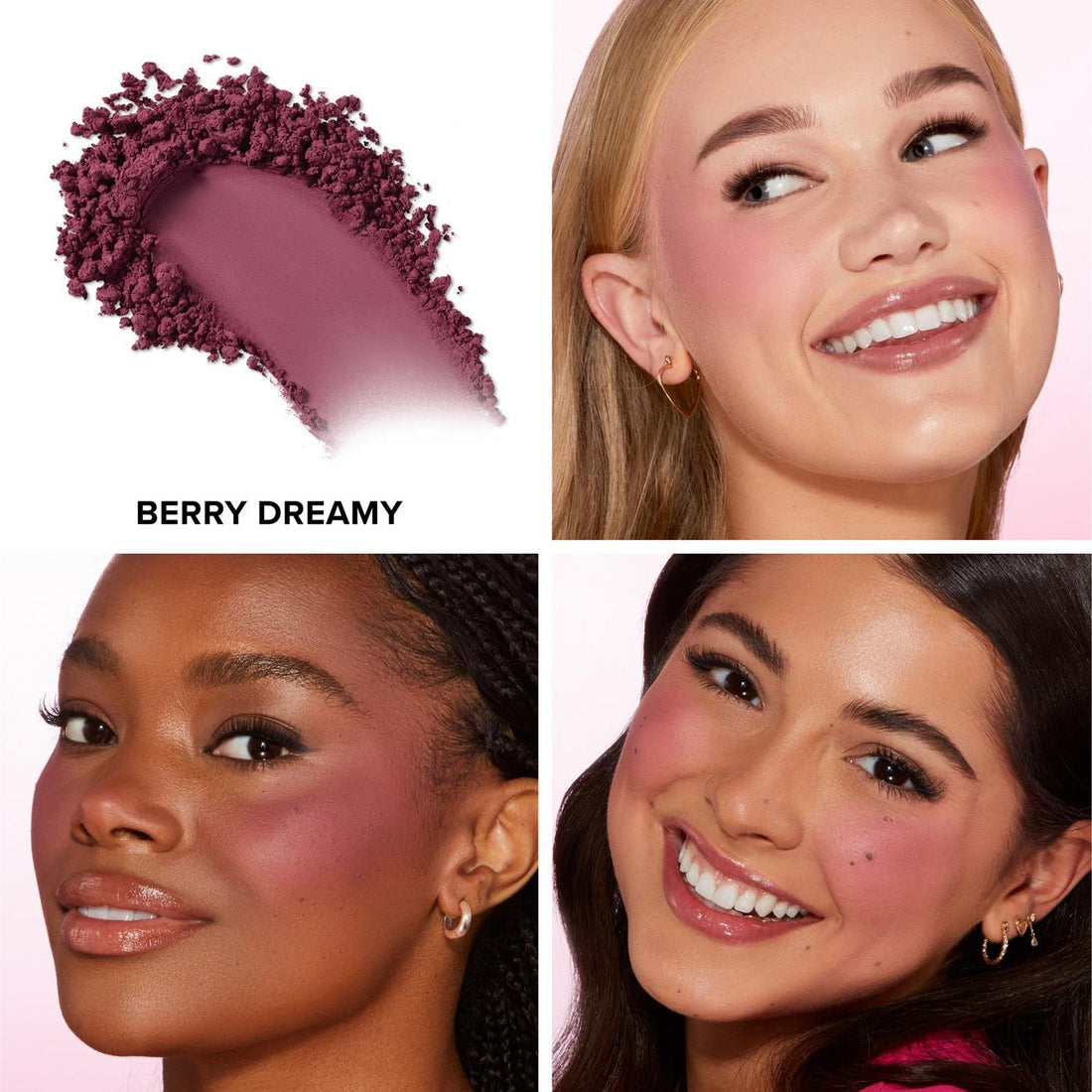 Swatch del Too Faced Cloud Crush Berry Dreamy y el tono aplicado en tres modelos