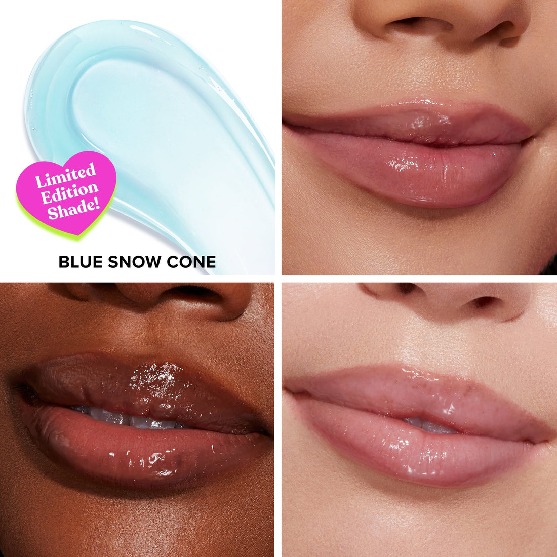 Too Faced Kissing Jelly Blue Snow Cone gloss azul hielo translucido aplicado en labios de distintos tonos de piel