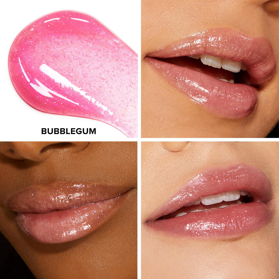Too Faced Kissing Jelly Bubblegum gloss rosa jugoso aplicado en labios de distintos tonos de piel