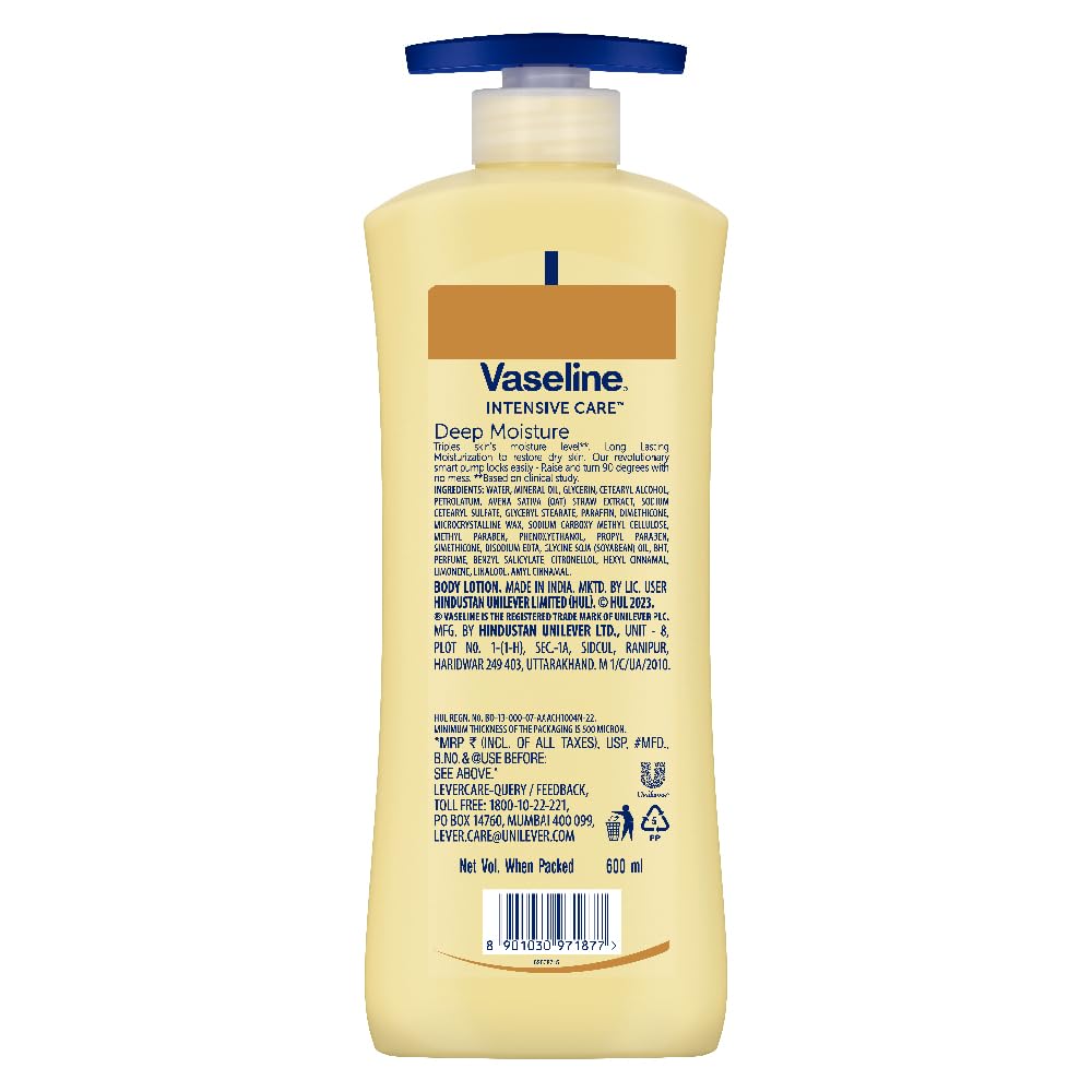 Vaseline Deep Moisture 600ml - dorso con ingredientes fondo blanco