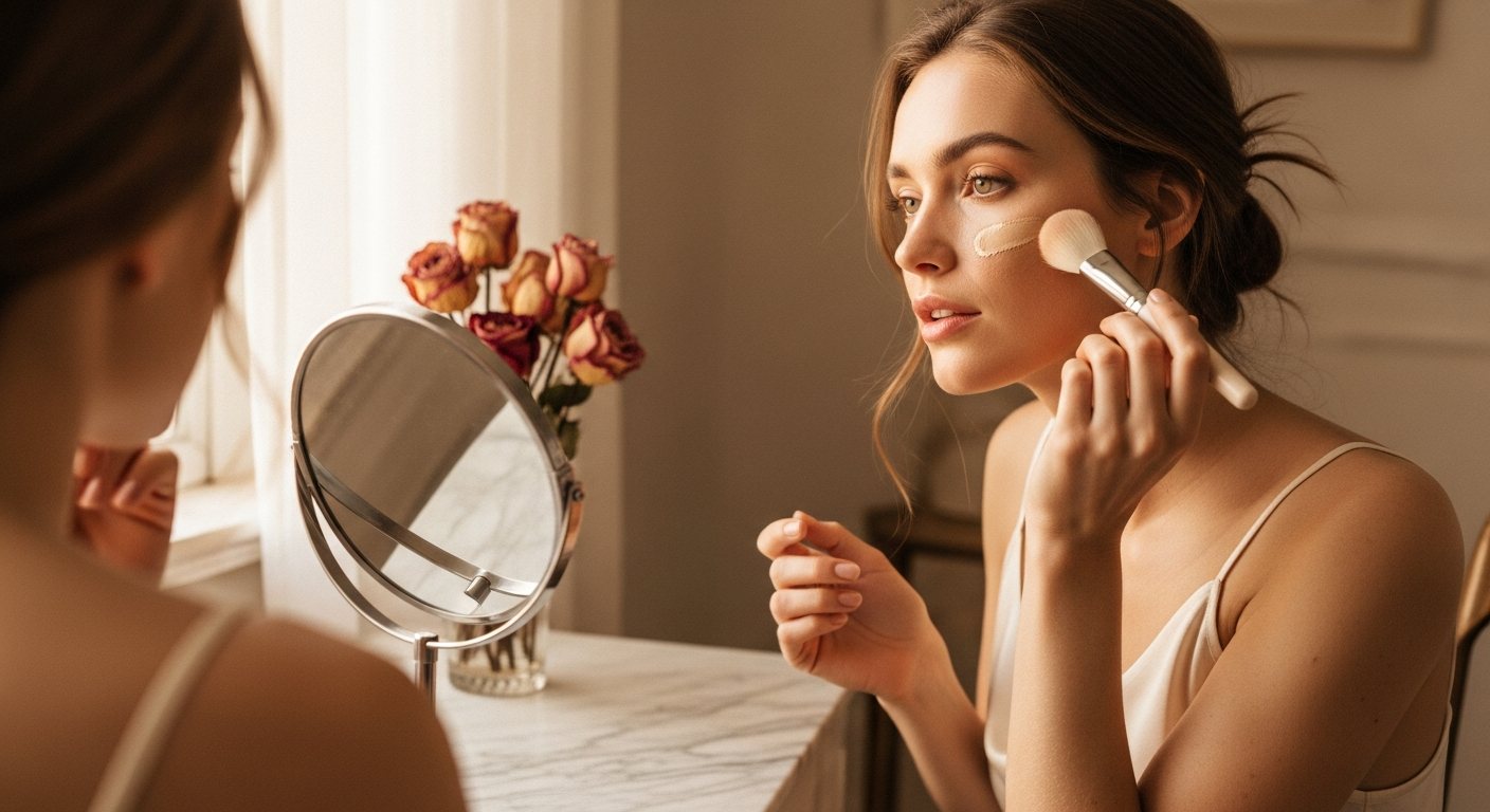 Mujer aplicando base de maquillaje con brocha frente al espejo