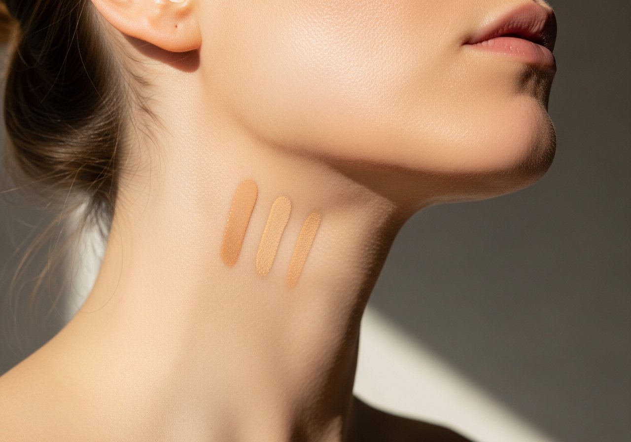 Tres tonos de base aplicados en la mandíbula para comparar con piel y cuello