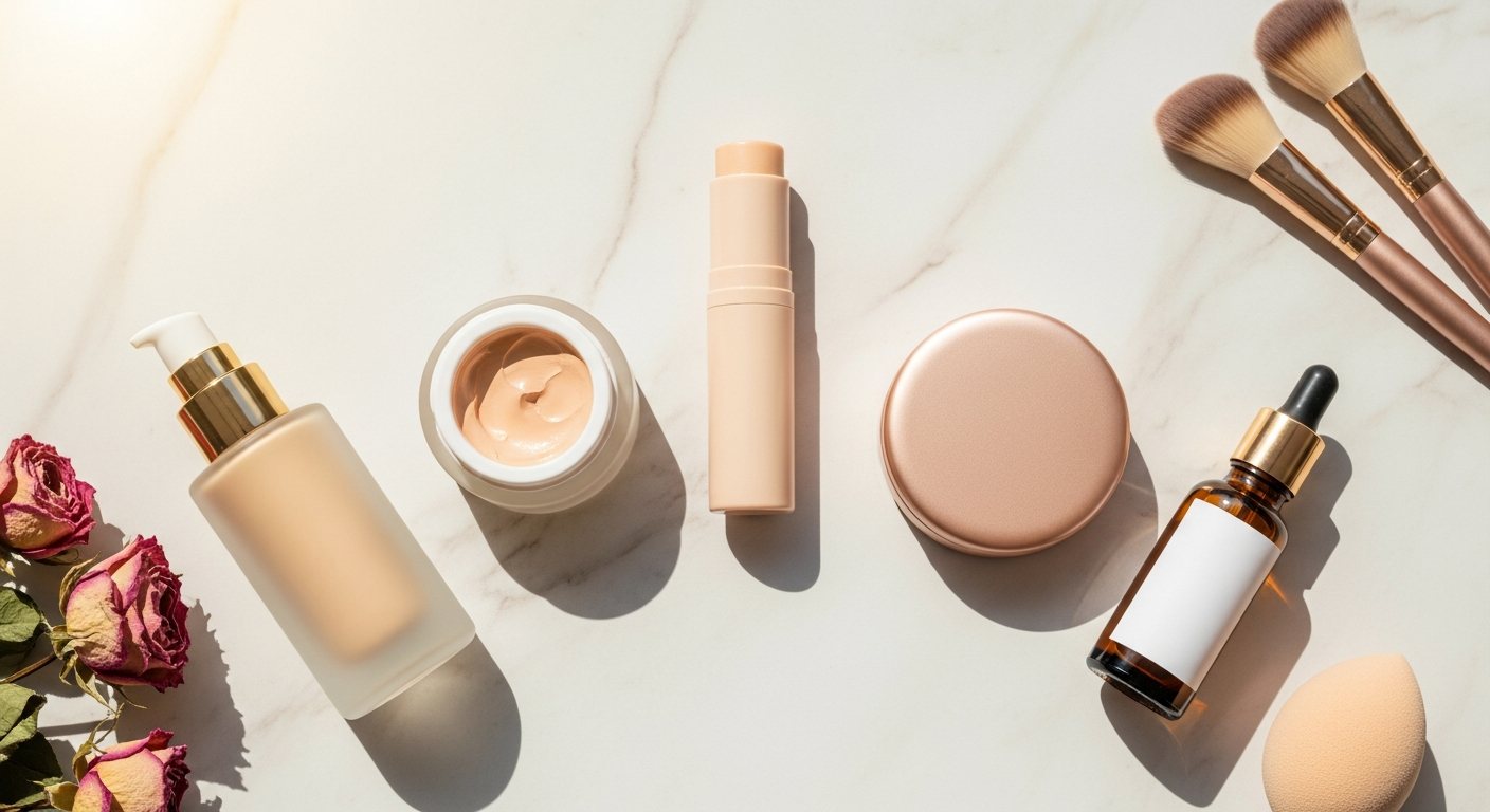 Flat lay con base líquida, stick, cushion, polvo y serum foundation sin marcas
