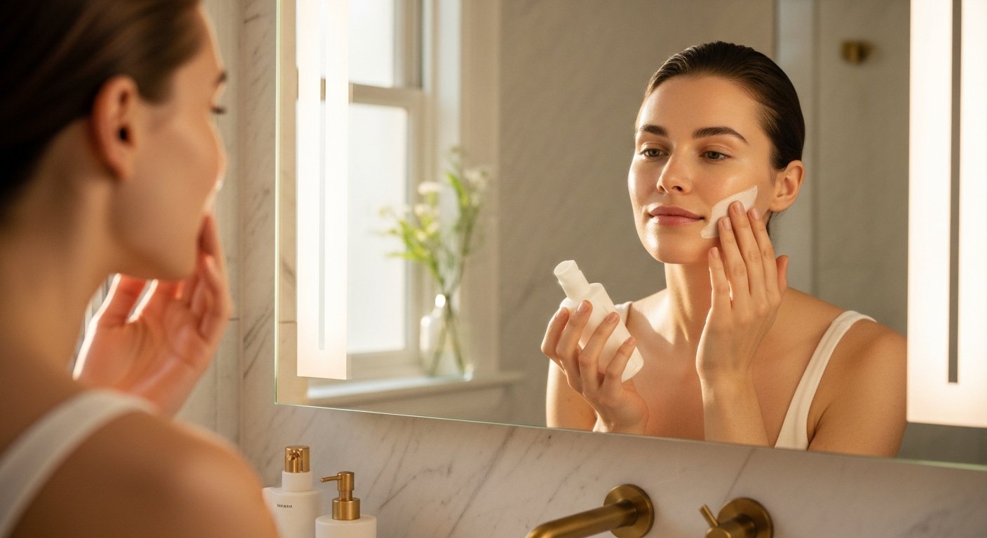 Mujer realizando su rutina de skincare frente al espejo con luz natural
