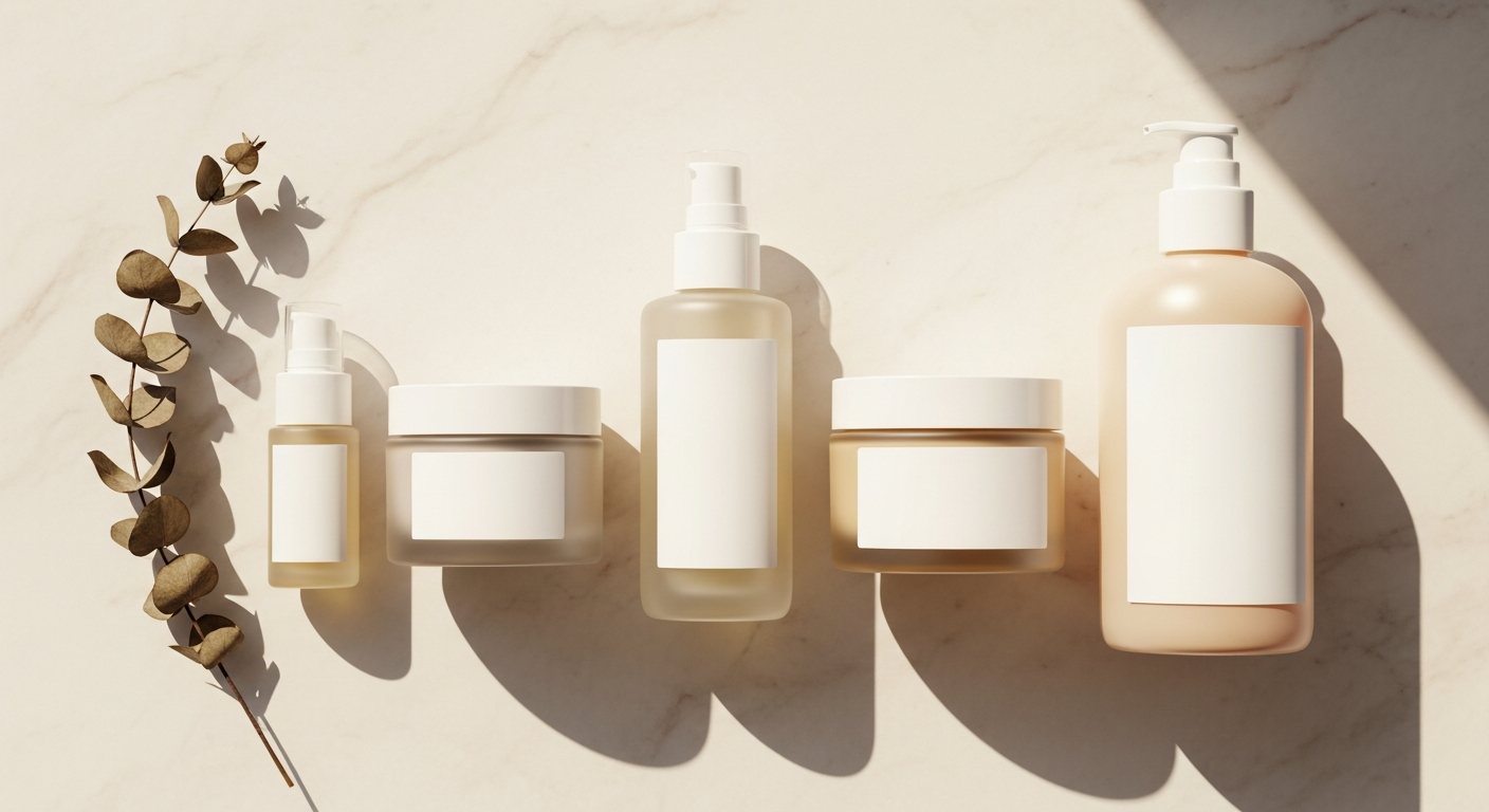 Flat lay de productos de skincare alineados de menor a mayor densidad sobre mármol cream