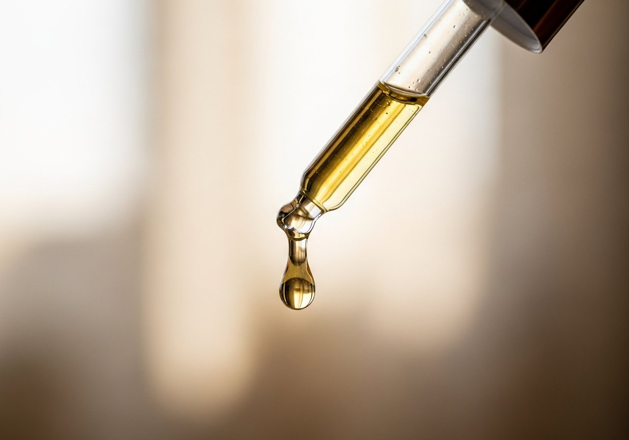 Gotero de vidrio con serum dorado en gota suspendida