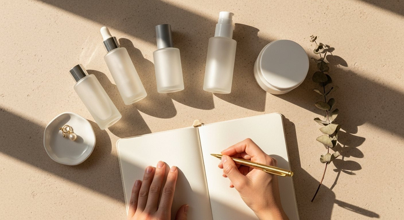 Mujer armando su rutina de skincare con cuaderno y productos