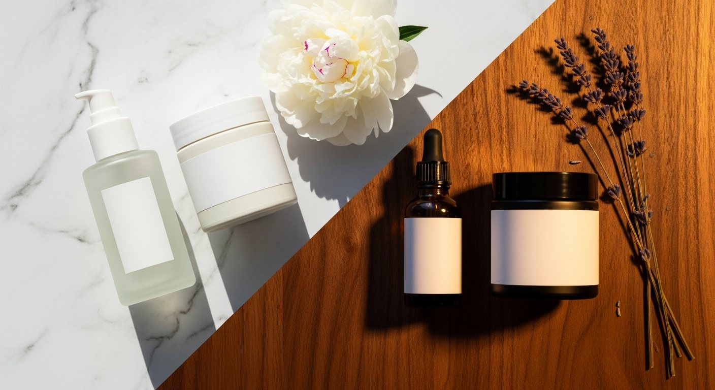 Productos de skincare divididos entre rutina de día y rutina de noche